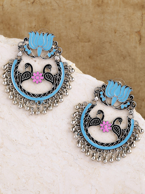 

Priyaasi Blue Silver-Plated Oxidized Peacock Shaped Chandbalis