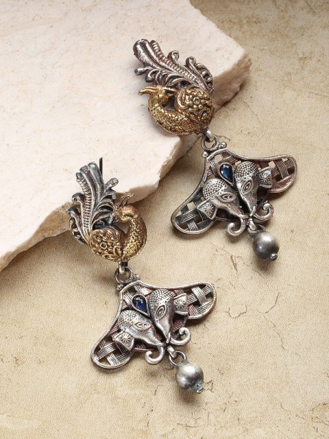 

Priyaasi Oxidised Silver-Toned & Antique Gold-Plated Drop Earrings