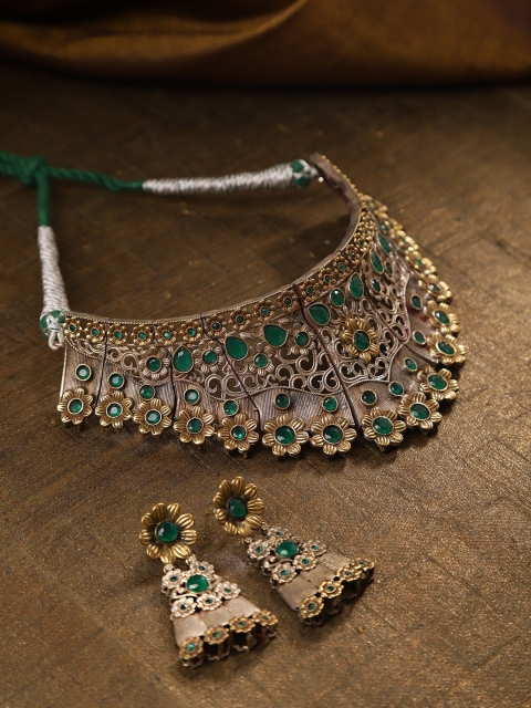 

Priyaasi Green Oxidised Silver-Plated Stone-Studded Jewellery Set