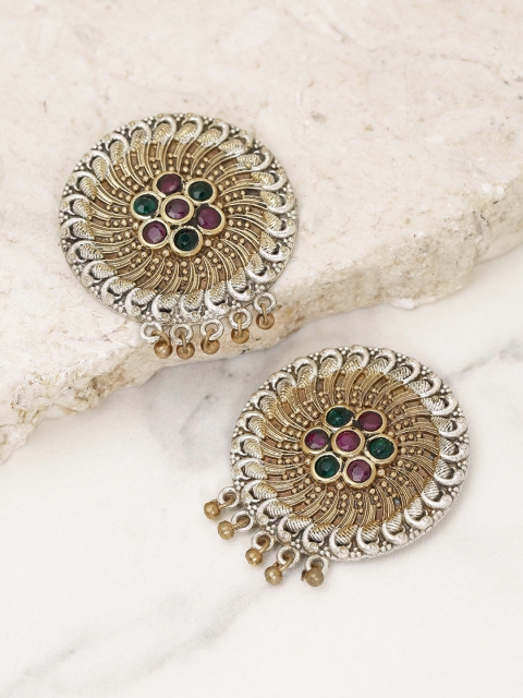 

Priyaasi Oxidised Silver-Toned Antique Gold-Plated Handcrafted Circular Drop Earrings