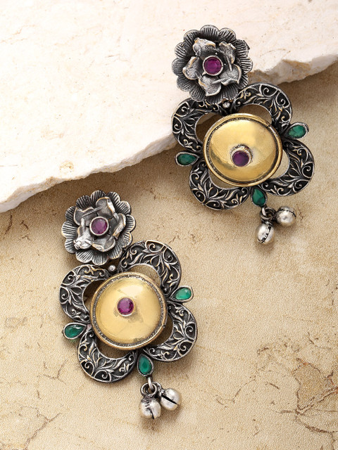 

Priyaasi Antique Gold-Toned Oxidised Silver-Plated Stone-Studded Classic Drop Earrings