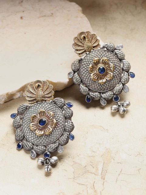 

Priyaasi Oxidised Silver Plated & Antique Gold-Toned Peacock Shaped Drop Earrings
