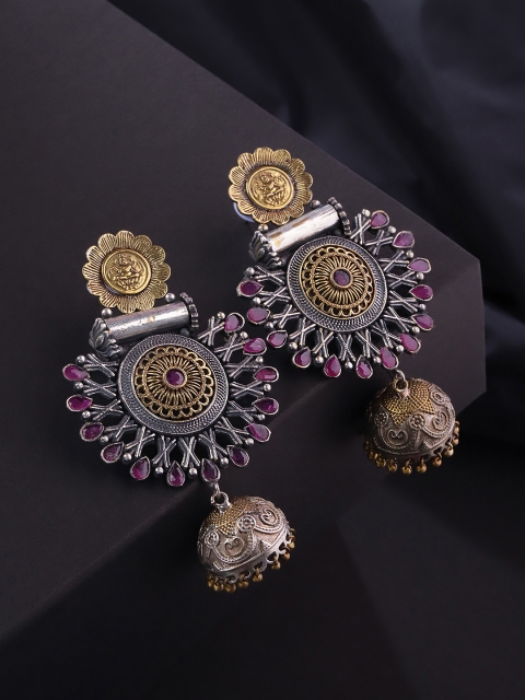 

Priyaasi Oxidised Silver-Toned & Purple Gold-Plated Stone Studded Dome Shaped Jhumkas