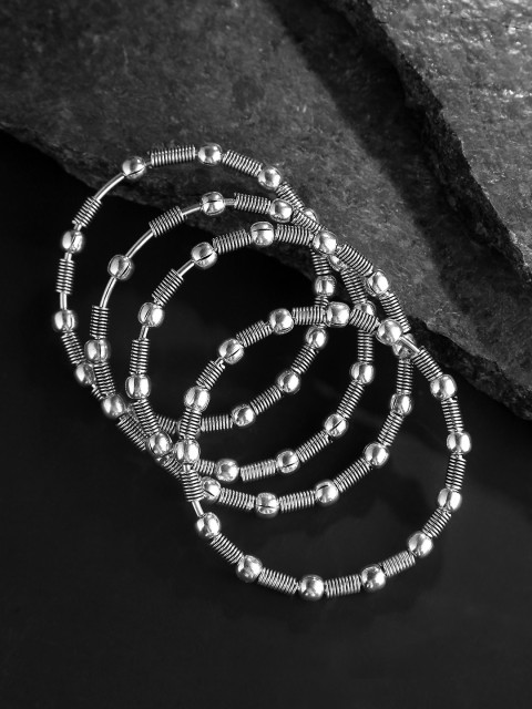 

Priyaasi Set of 4 Oxidised Silver-Plated Beaded Spring Bangles