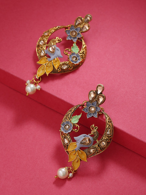 

Priyaasi Blue Antique Gold-Plated Handcrafted Peacock Shaped Drop Earrings