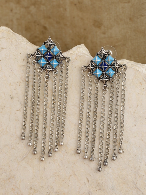 

Priyaasi Blue Silver-Plated Tasselled Oxidised Geometric Drop Earrings