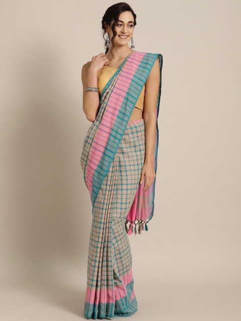 

Ishin Beige & Blue Checked Saree