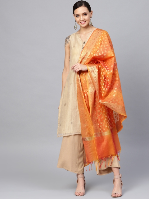 

Ishin Orange & Golden Brocade Zari Work Striped Dupatta