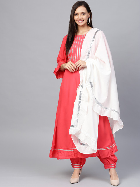 

Ishin Women Coral Red Yoke Design A-Line Kurta with Palazzo & Dupatta