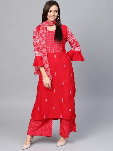 

Ishin Women Red & Off-White Embroidered Kurta with Block Print Palazzo & Dupatta