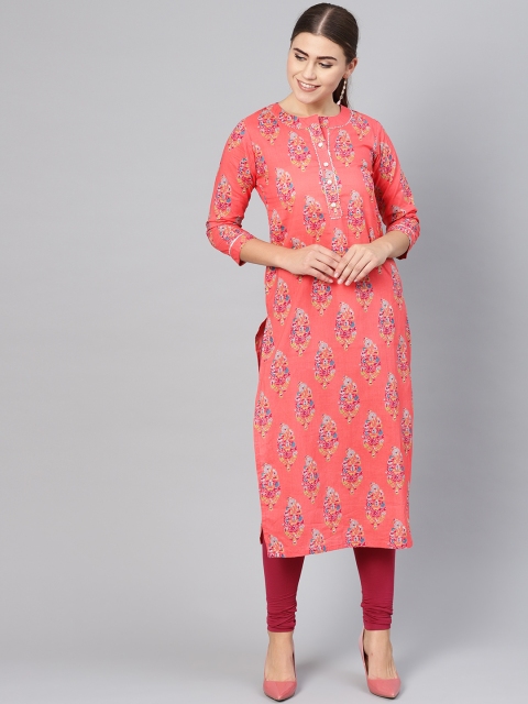 

Ishin Women Peach-Coloured & Off-White Printed Straight Kurta