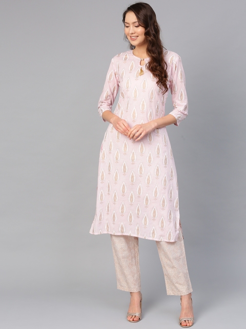 

Ishin Women Pink & Golden Printed Kurta with Trousers