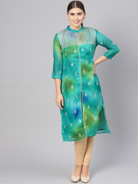 

Ishin Women Green & Golden Gotta Patti Work Straight Kurta