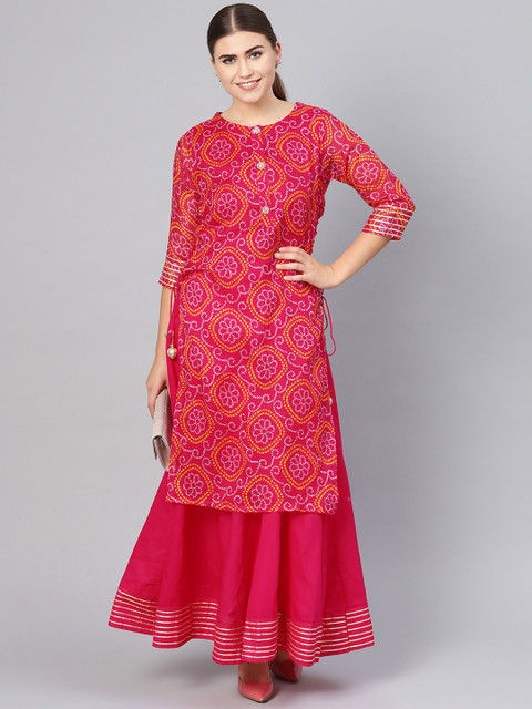 

Ishin Women Pink & Off-White Bandhani Print Layered A-Line Kurta