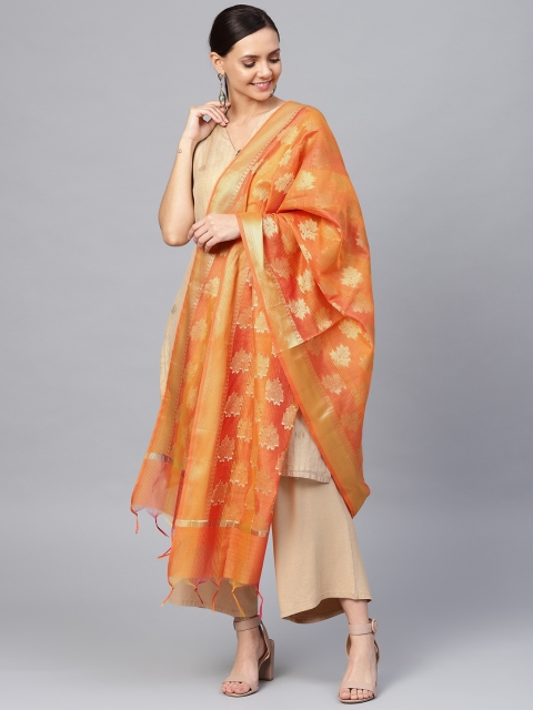 

Ishin Orange & Golden Brocade Zari Work Striped Dupatta