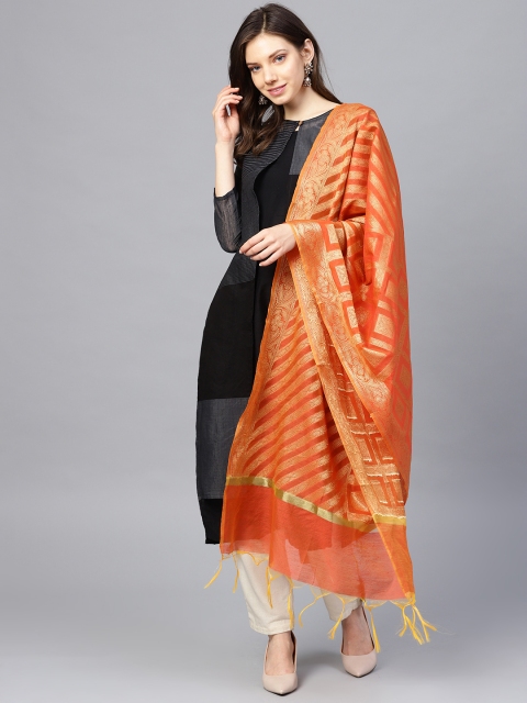 

Ishin Orange & Golden Brocade Zari Work Striped Dupatta