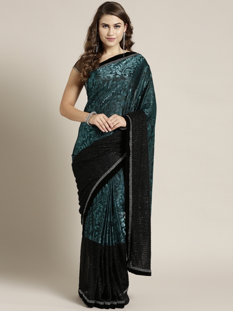 

Chhabra 555 Black & Teal Blue Woven Design Saree