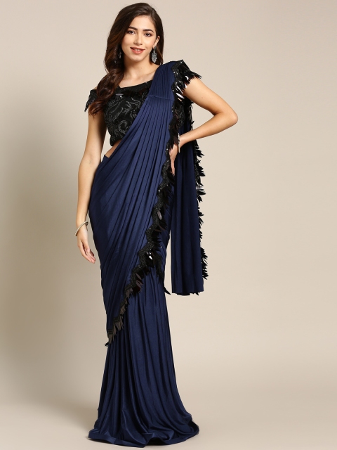 

Chhabra 555 Navy Blue Solid Ready to Wear Saree