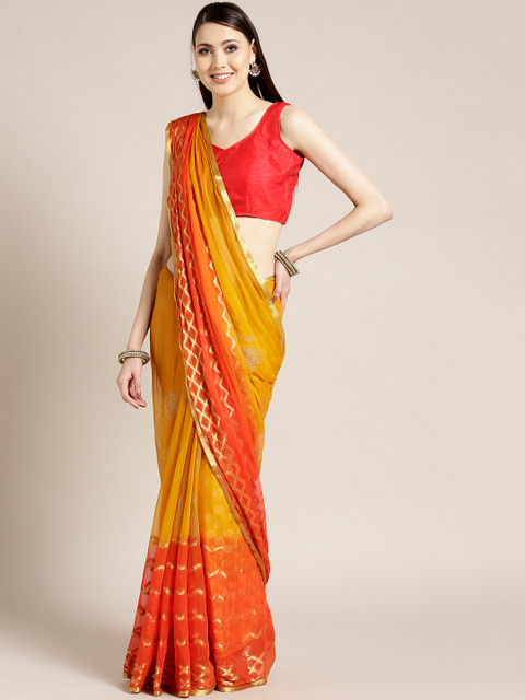 

Chhabra 555 Mustard Yellow & Orange Ombre Hand-Dyed Saree