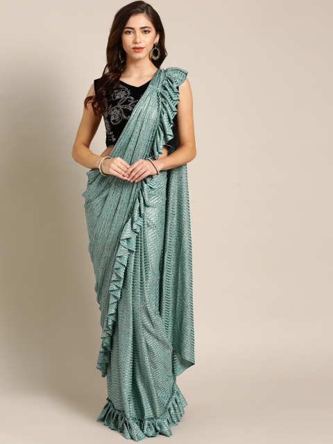 

Chhabra 555 Sea Green & Black Self-Striped Ruffled Ready to Wear Saree