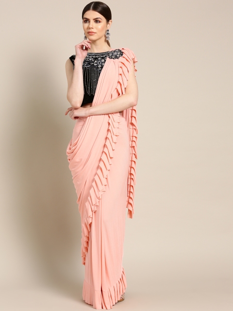 

Chhabra 555 Peach-Coloured Solid Ruffled Ready to Wear Saree