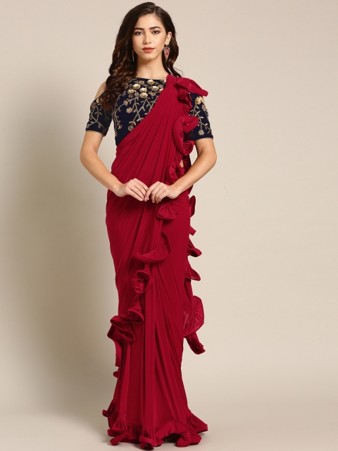 

Chhabra 555 Maroon & Navy Blue Solid Ruffled Ready to Wear Saree