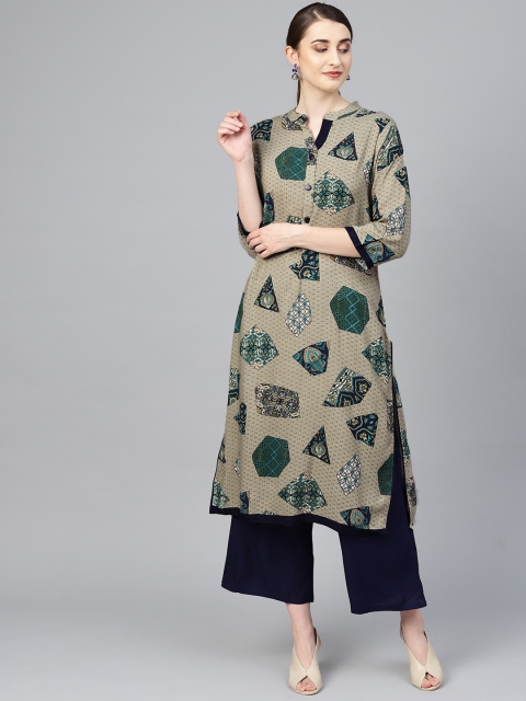 

ANAISA Women Beige & Navy Blue Printed Kurta with Palazzos