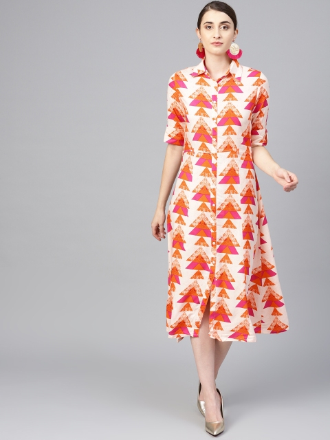 

ANAISA Women Peach-Coloured & Orange Printed Shirt Dress