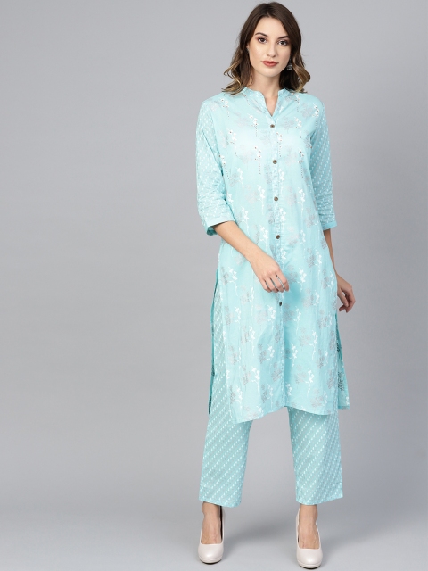 

ANAISA Women Blue & White Block Print Bead Work Kurta with Trousers