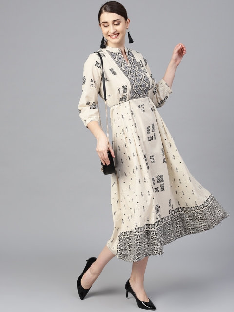 

ANAISA Women Off-White & Black Embroidered A-Line Dress