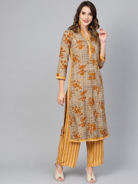 

ANAISA Women Taupe & Mustard Yellow Mirror Work Kurta with Palazzos