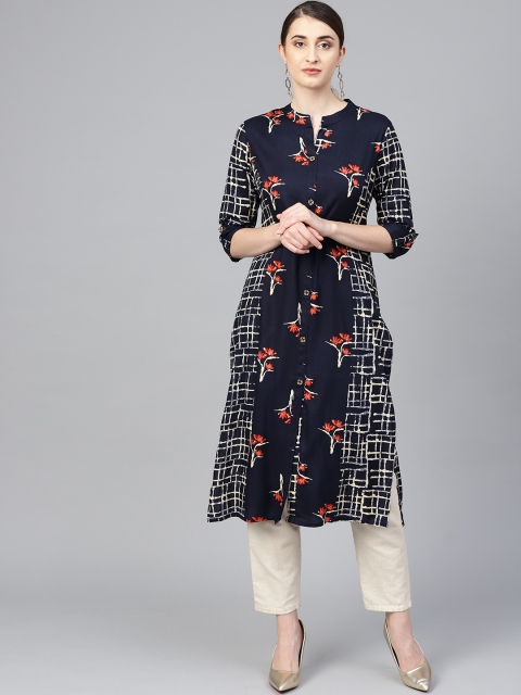 

ANAISA Women Navy Blue & Off-White Sequinned Straight Kurta