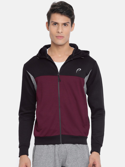 

Proline Active Men Black & Burgundy Colourblocked Hooded Sweatshirt