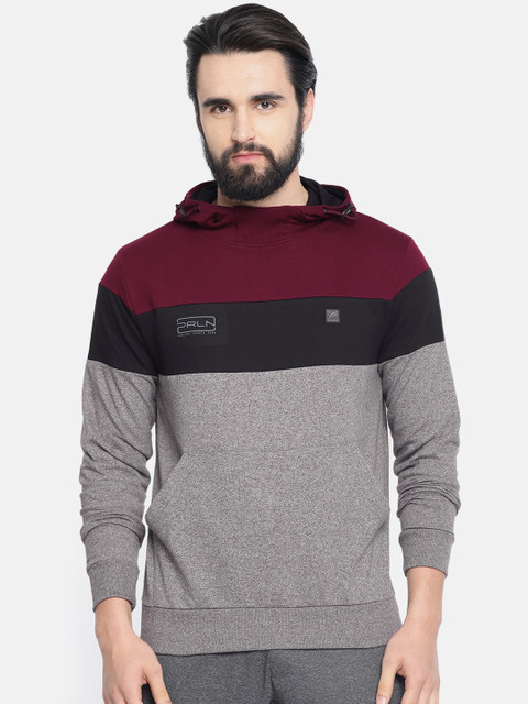 

Proline Active Men Grey Melange & Burgundy Colourblocked Hooded Sweatshirt