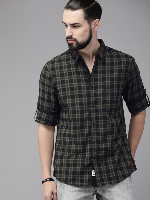 

Roadster Men Black & Olive Green Regular Fit Checked Casual Shirt