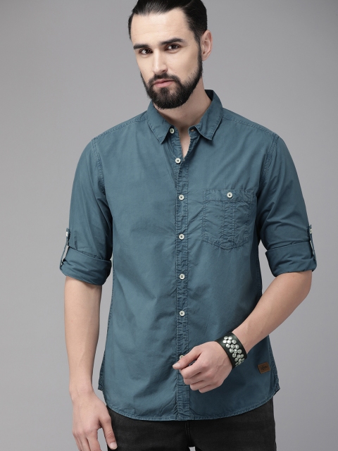 Men Teal Blue Regular Fit Solid Sustainable Casual Shirt