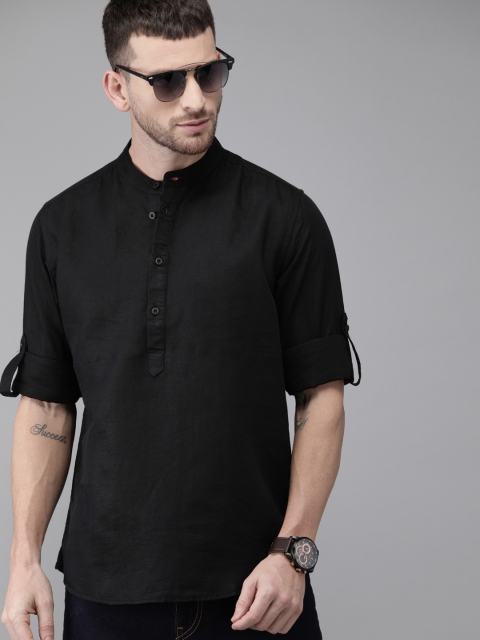 

Roadster Men Black Regular Fit Solid Band Collar Linen Cotton Casual Shirt