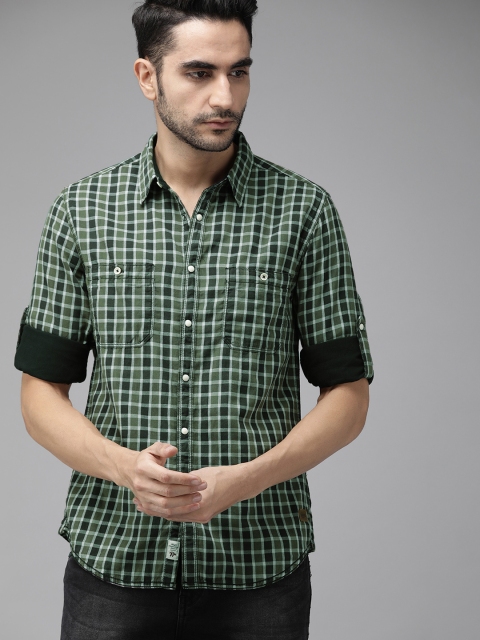 

Roadster Men Olive Green & Black Regular Fit Checked Casual Shirt