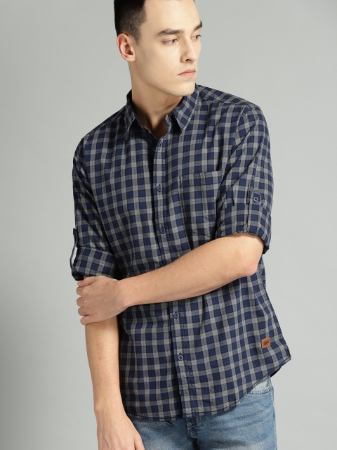 

Roadster Men Navy Blue & Charcoal Grey Regular Fit Checked Casual Shirt
