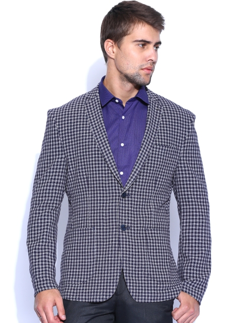 

Peter England Navy & White Checked Single-Breasted Blazer, Navy blue
