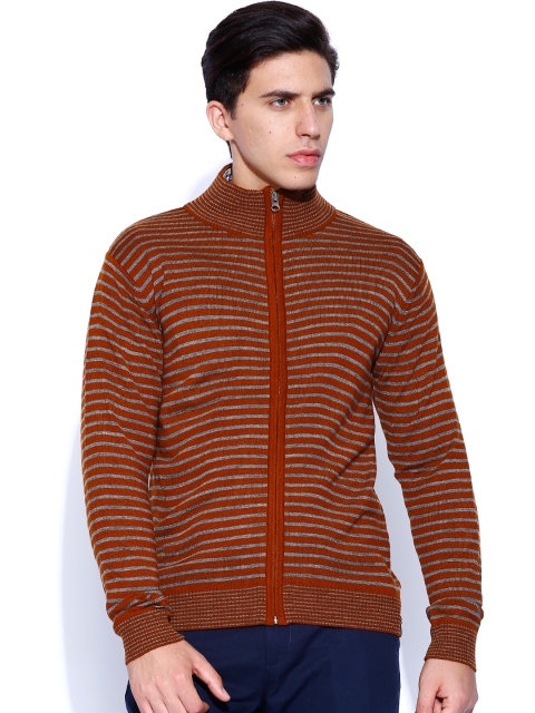 

Peter England Rust Orange & Grey Striped Cardigan