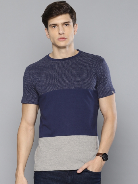 

Louis Philippe Jeans Men Navy Blue Grey Colourblocked Slim Fit Round Neck Pure Cotton T-shirt