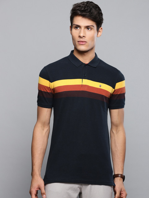 

Louis Philippe Sport Men Navy Blue & Yellow Striped Slim Fit Polo Collar T-shirt