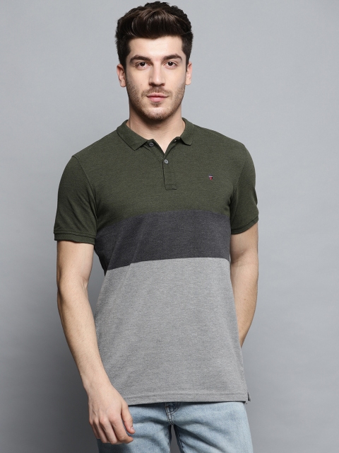 

Louis Philippe Jeans Men Olive Green & Grey Colourblocked Polo Collar T-shirt