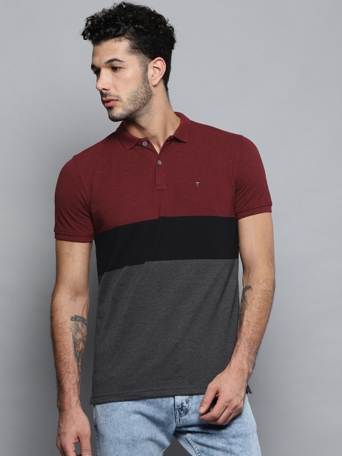 

Louis Philippe Jeans Men Maroon & Charcoal Grey Colourblocked Polo Collar T-shirt