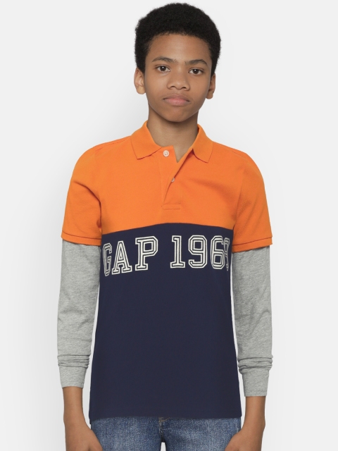 

GAP Boys Orange & Navy Blue Colourblocked Polo Collar T-shirt