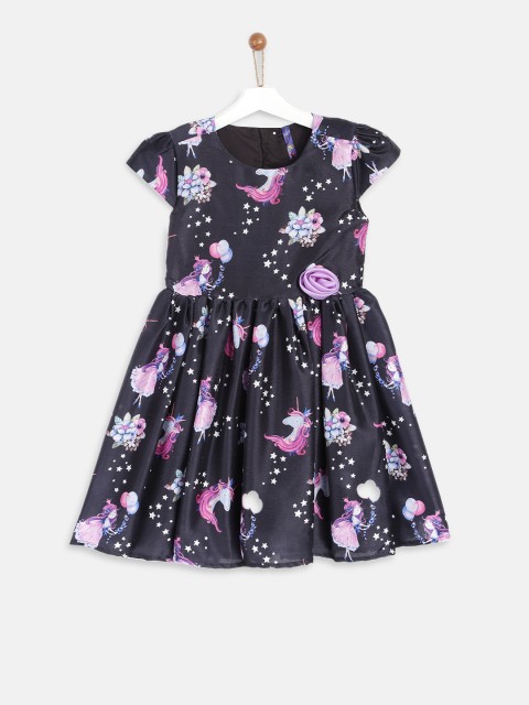

YK Girls Navy Blue Floral Printed Fit and Flare Dress