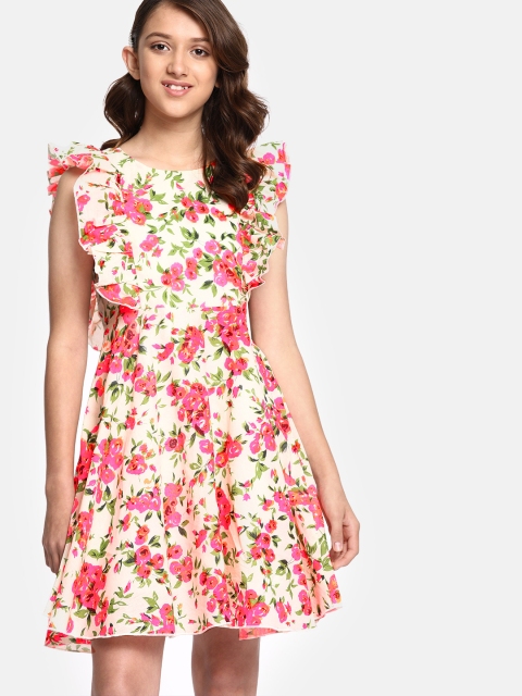 

YK Girls Off-White & Pink Floral Printed Fit and Flare Dress