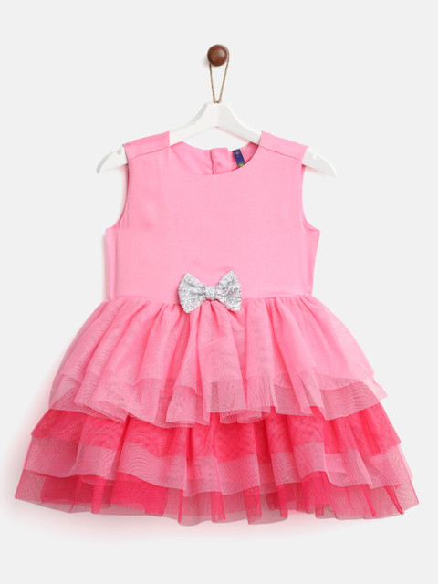 

YK Girls Pink Solid Tiered Fit & Flare Dress
