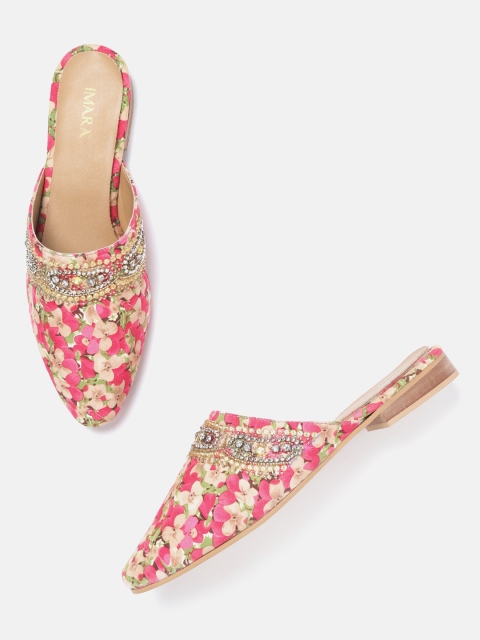 

IMARA Women Pink & Beige Printed Embellished Mules